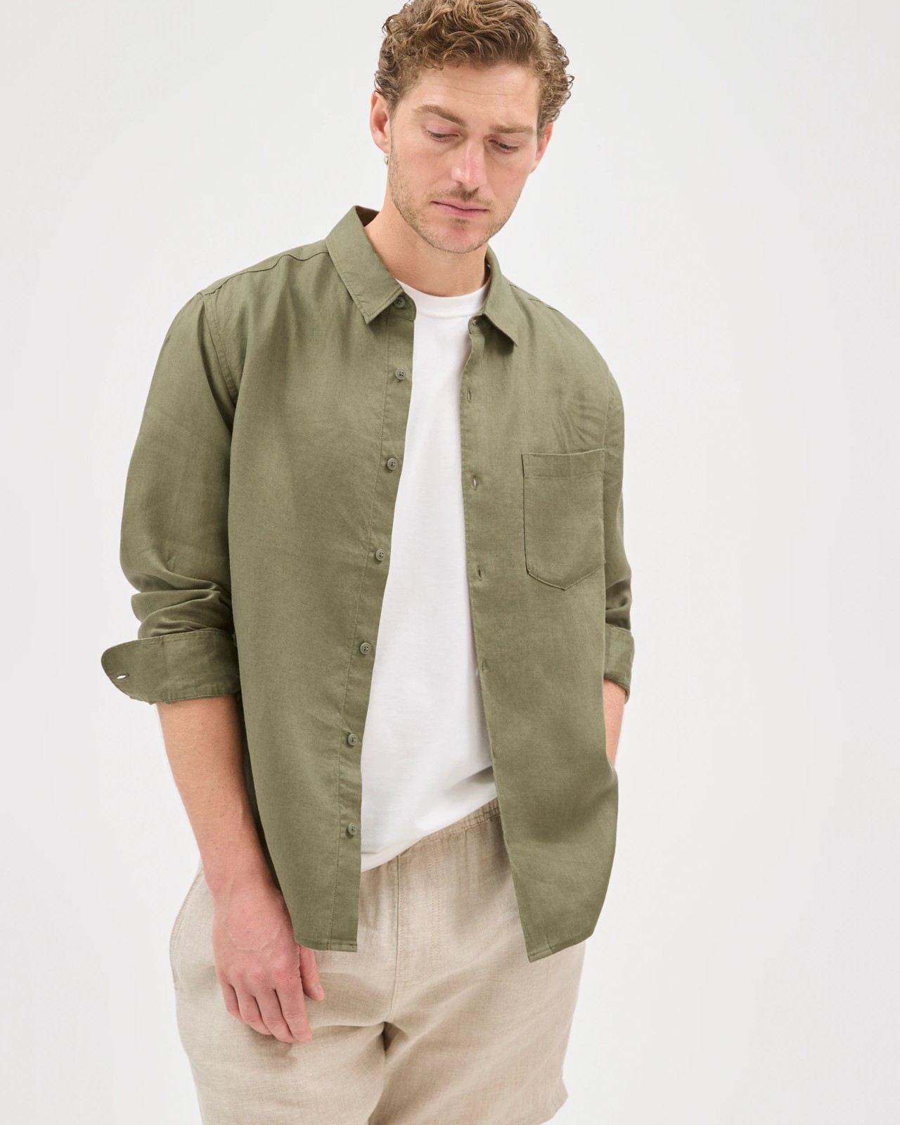 European Linen Long Sleeve Shirt - Olive Green 3 of 6