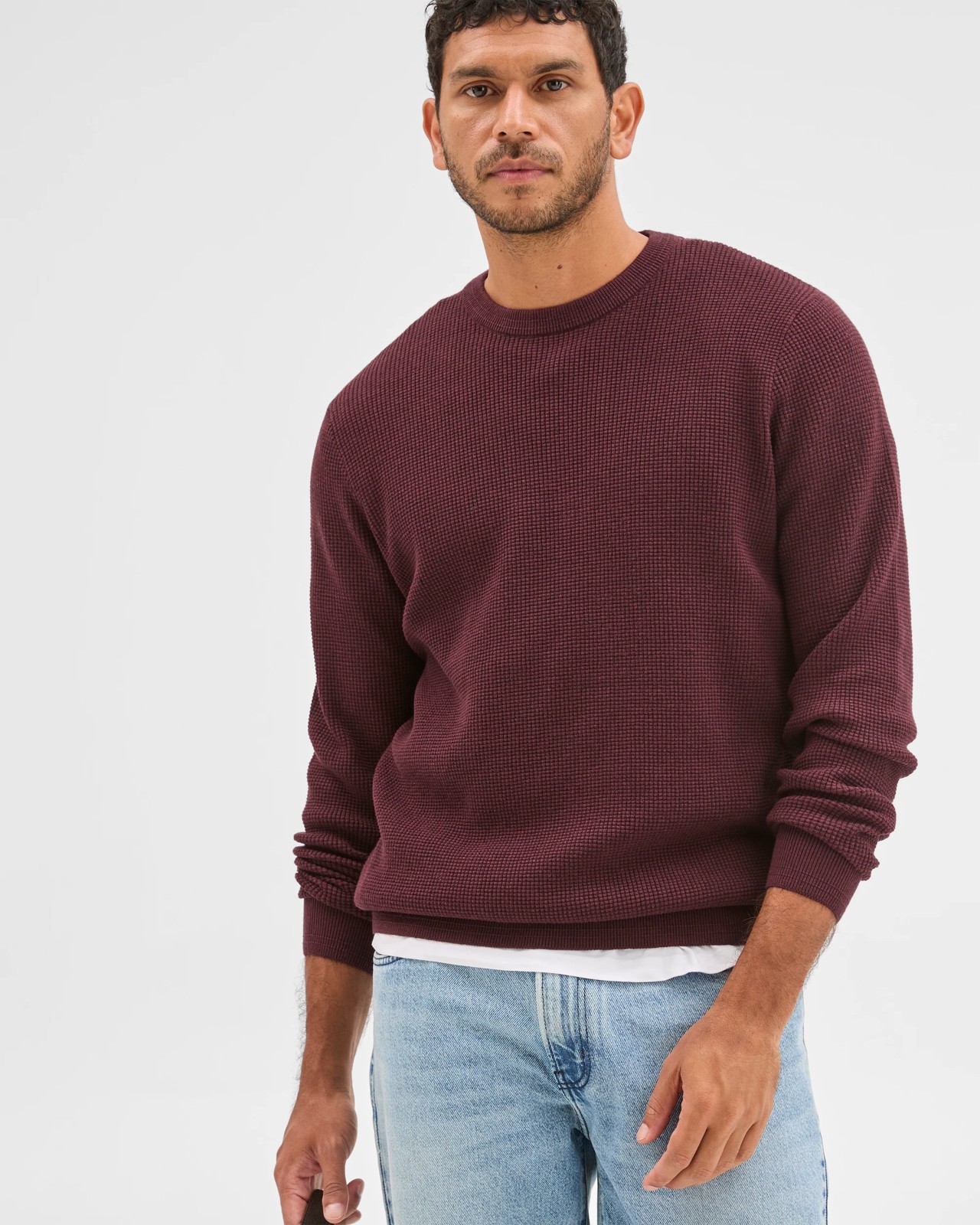 Australian Cotton Lightweight Waffle Knit Crew Neck Jumper - Oxblood Marle 3 of 6
