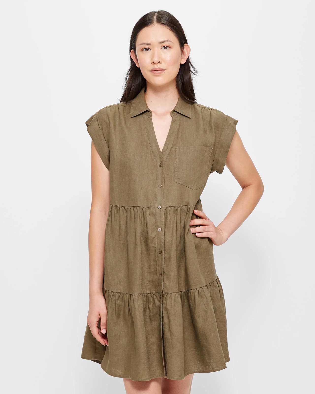 European Linen TIered Mini Dress - Olive Green | Target Australia