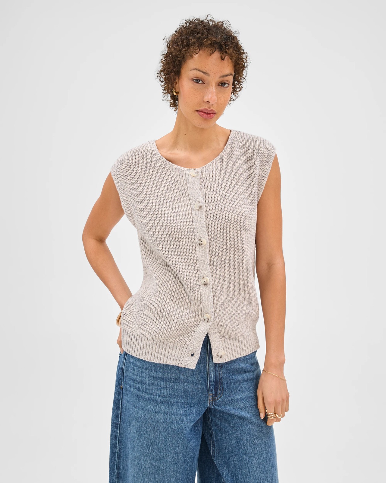 Australian Cotton Button Through Twist Knitted Vest - Pumice 3 of 6