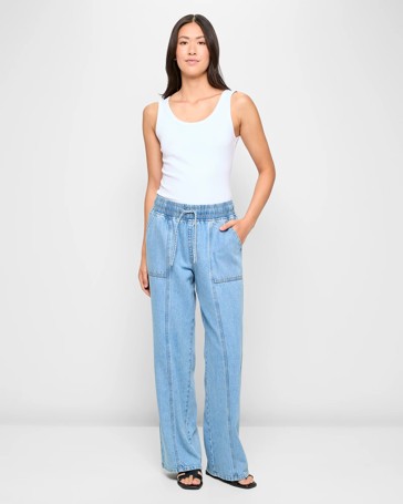 Panelled Wide Leg Denim Jogger Pants
