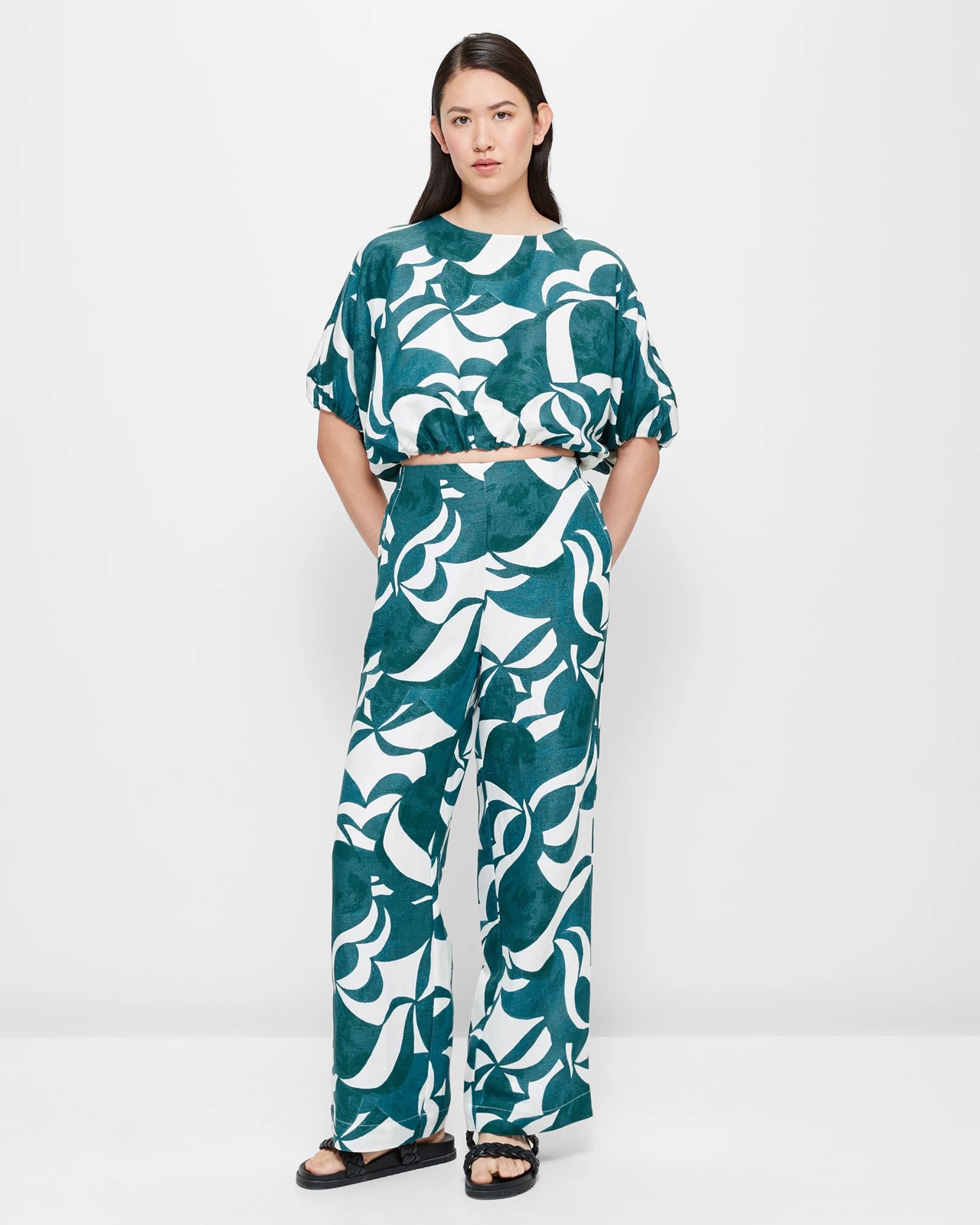 Linen Blend Balloon Sleeve Top - Preview 2 of 5