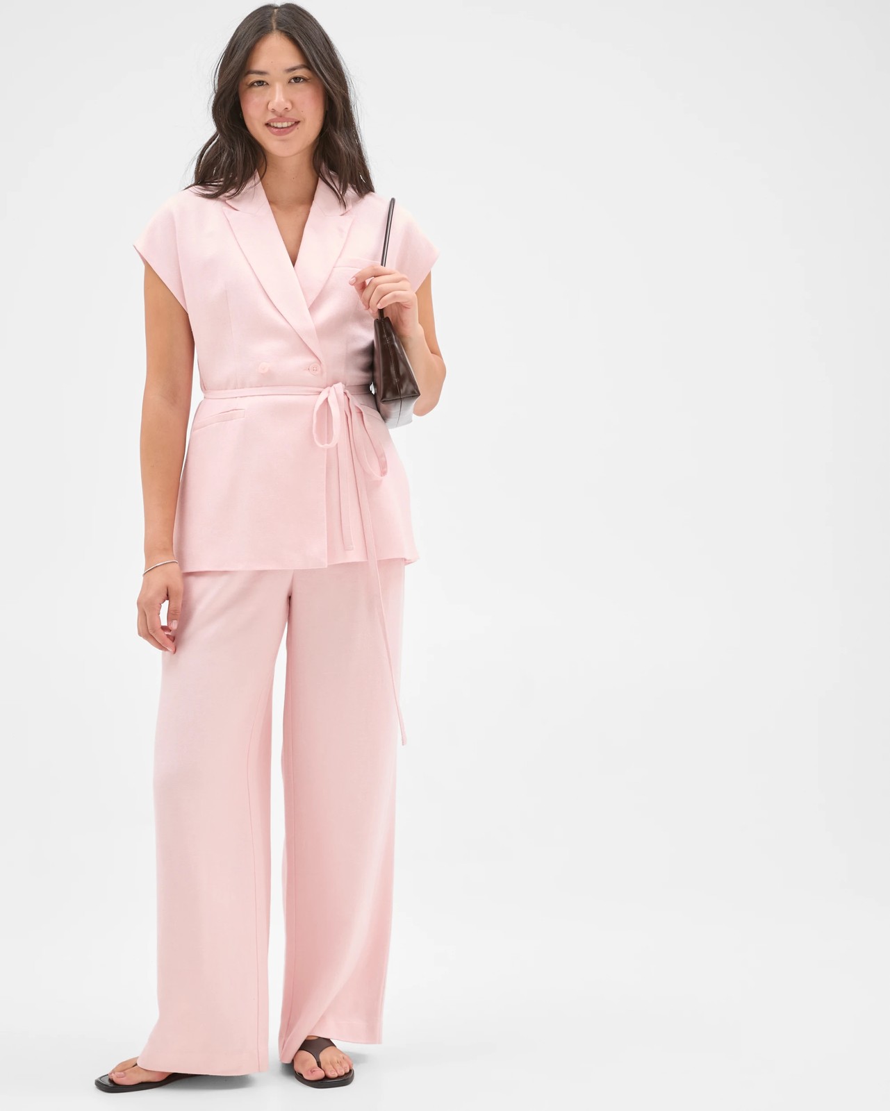 Preview Linen Blend Tailored Tie Waist Vest - Dusty Pink 2 of 5