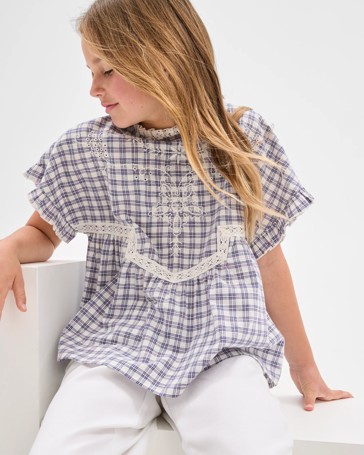 Woven Short Sleeve Embroidered Top