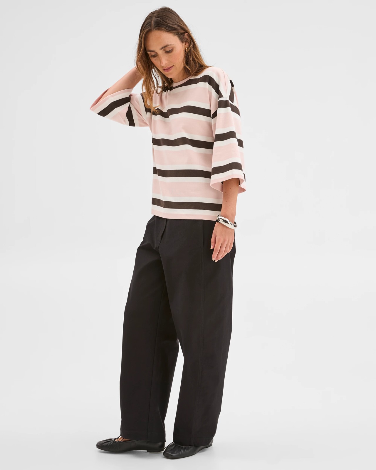 Australian Cotton 3/4 Length Wide Sleeve Boxy T-Shirt - Pale Rose/Black Coffee/Cloud Dancer 3 of 5