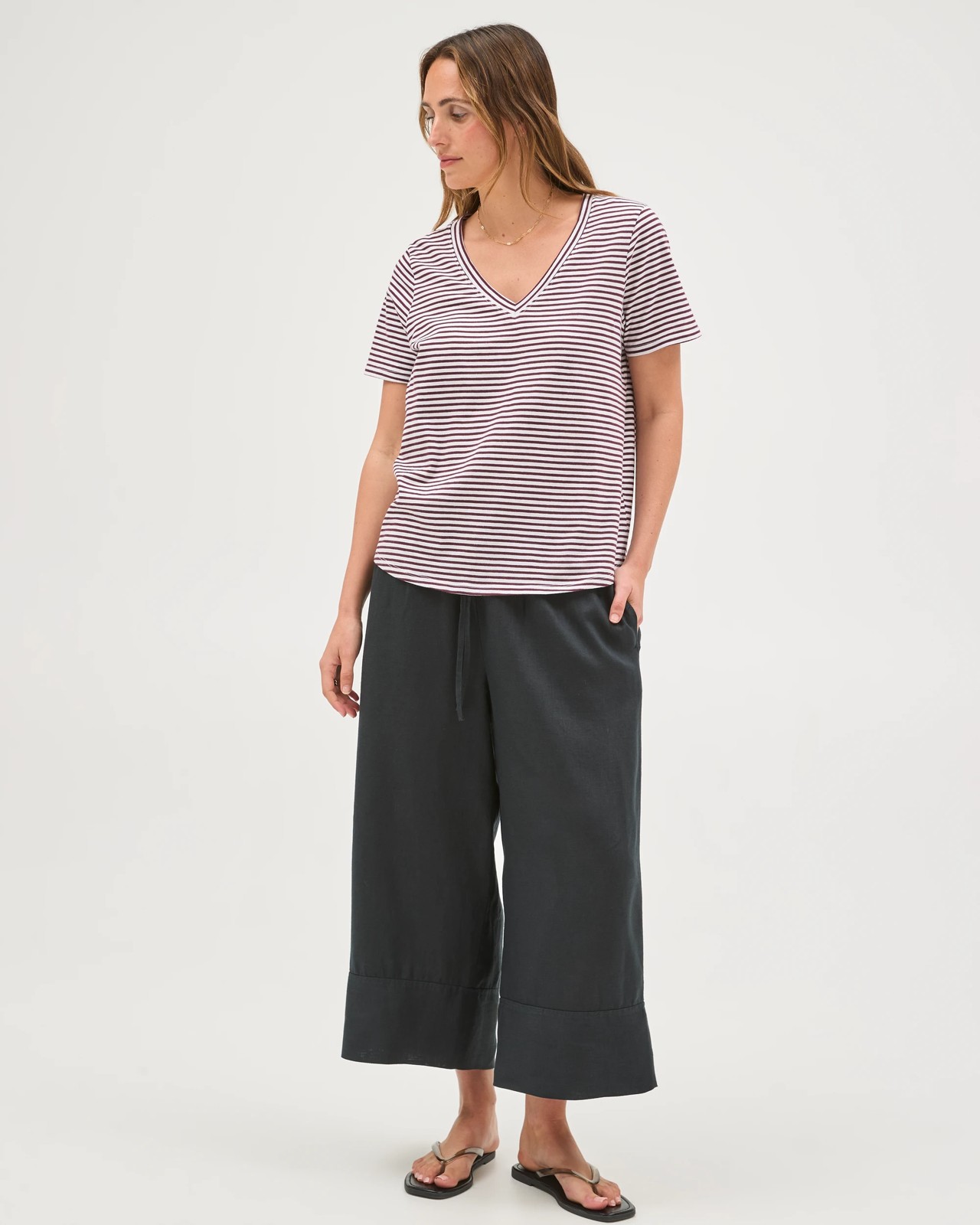 Australian Cotton Slub Relaxed V-Neck T-Shirt - Merlot/White Stripe 2 of 5