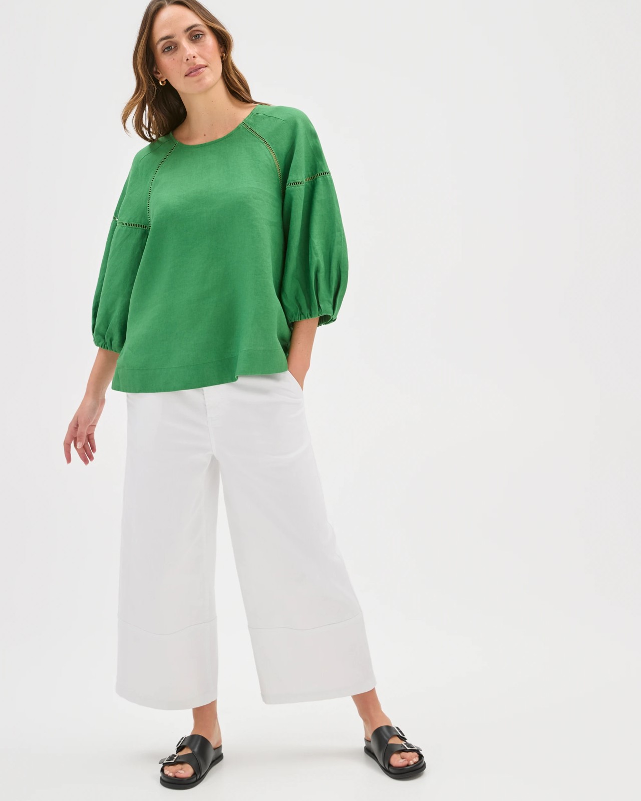European Linen 3/4 Sleeve Trim Detail Top - Verdant Green 2 of 5