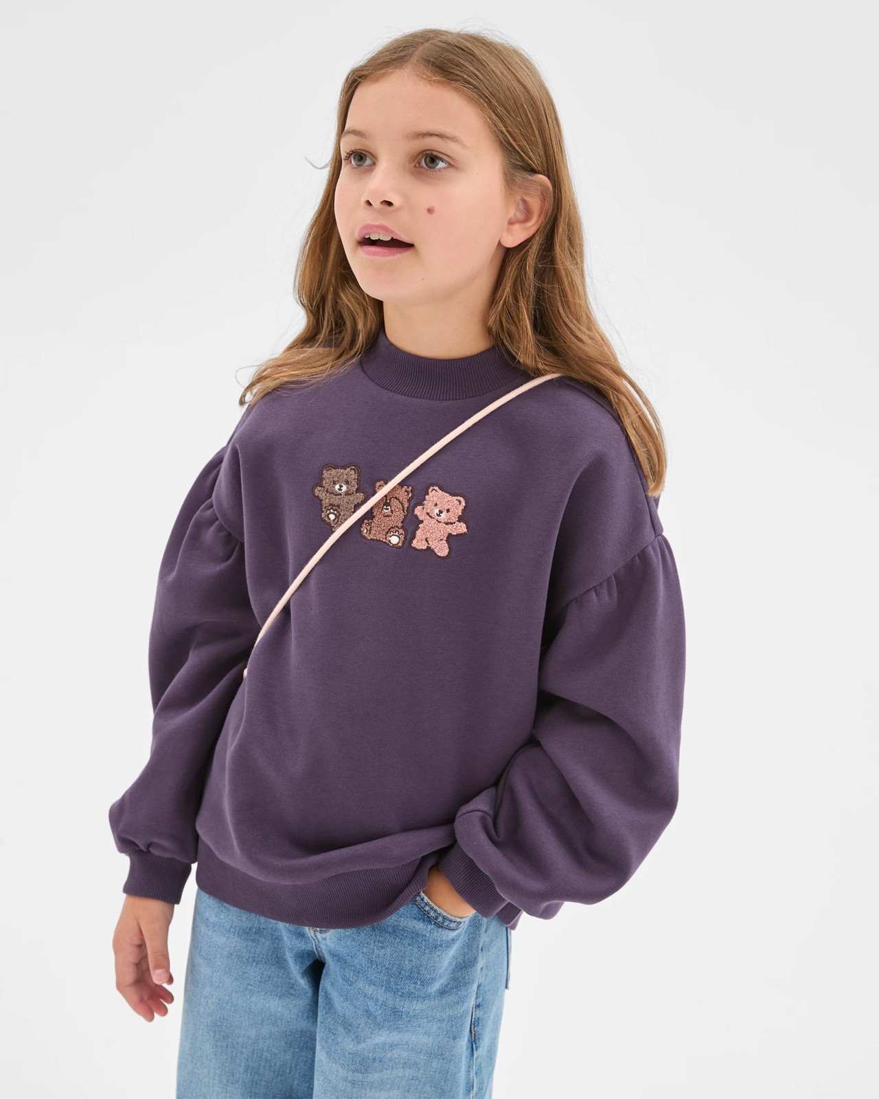 Australian Cotton Blend Balloon Sleeve Fleece Sweat Top - Purple 2 of 6