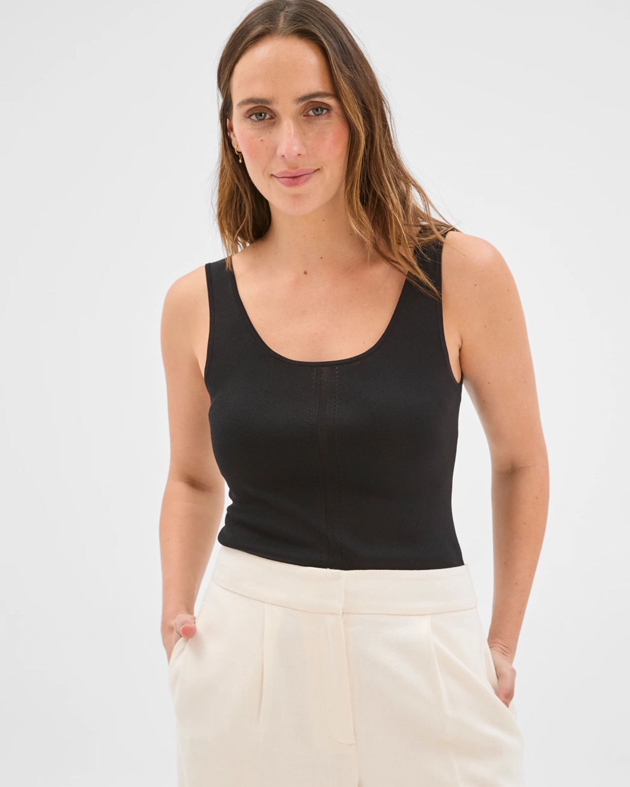 Preview Slim Fit Crepe Knit Detail Tank Top - Black 3 of 5