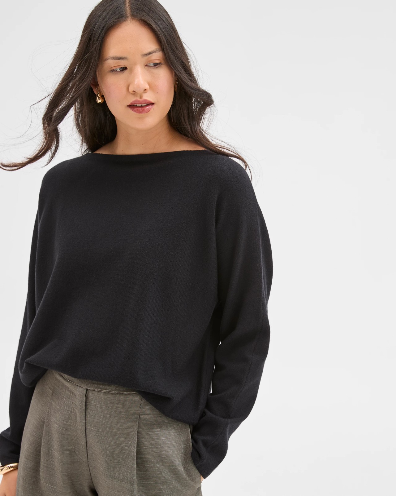 Preview Dolman Sleeve Boat Neck Knit Sweater - Black 4 of 6