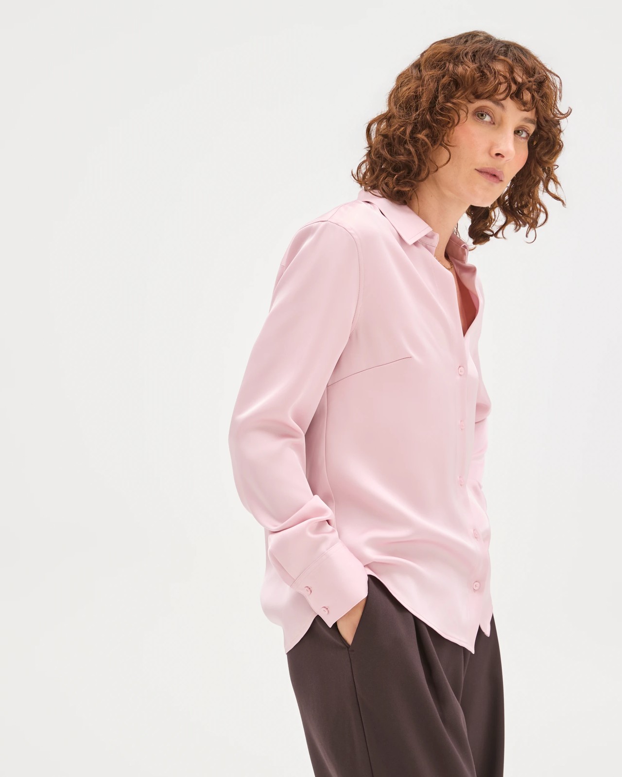 Preview Satin Long Sleeve Button Up Shirt - Mauve 4 of 6
