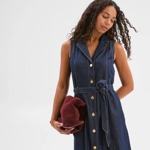 Sleeveless Denim Belted Midi Shirt Dress thumbnail 2