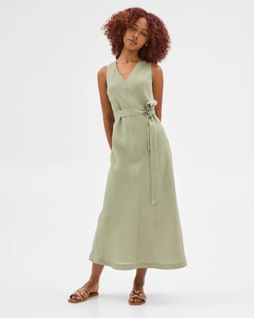 Petites European Linen V-Neck Midi Dress