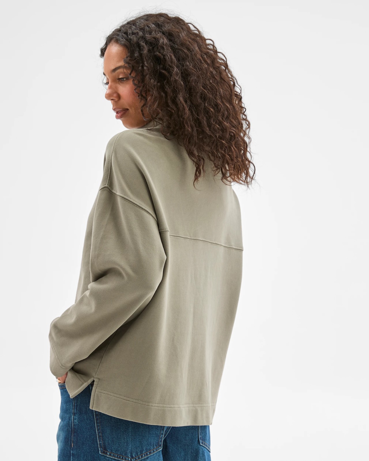 Australian Cotton Funnel Neck Button Front Jumper - Washed Olive 6 of 6