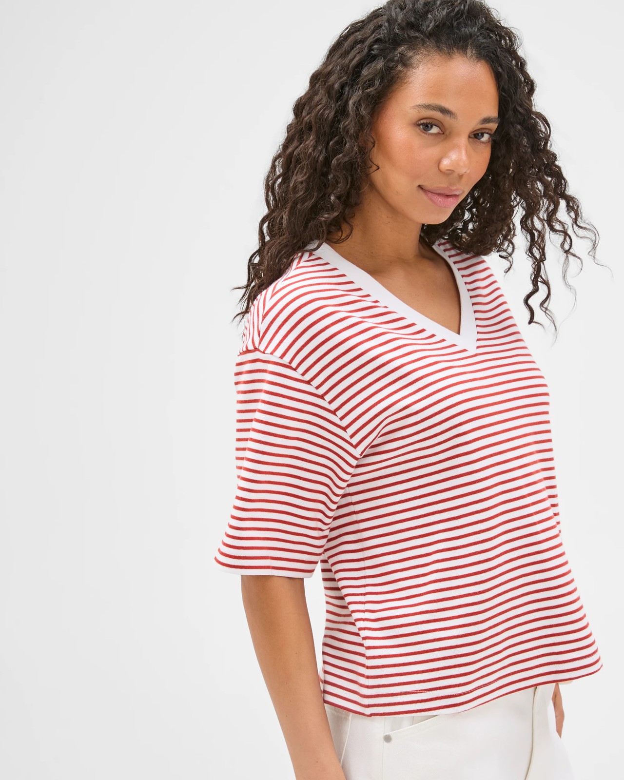 Australian Cotton Heavyweight V-Neck Boxy T-Shirt - Red Stripe 4 of 6
