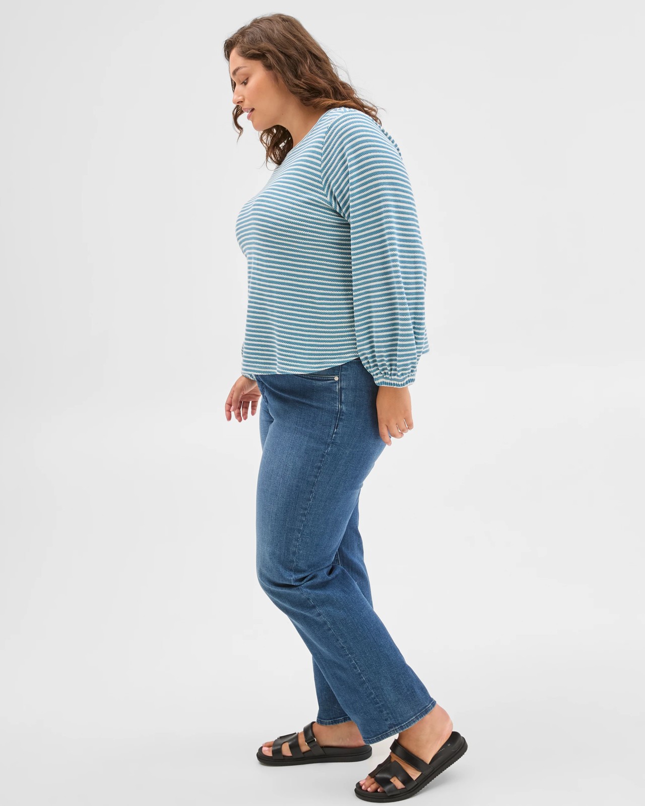 Plus Size Australian Cotton Long Sleeve Stripe Textured Top - Sea Teal/Cloud Dancer 4 of 6