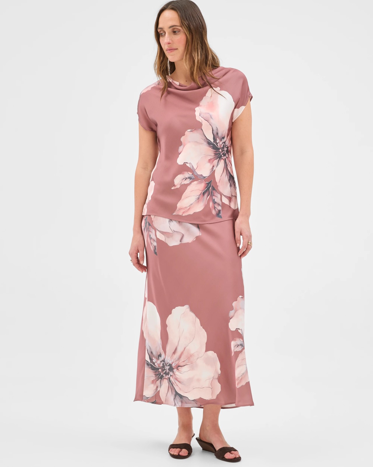 Preview Cowl Neck Drape Satin Blouse - Dusty Petal 2 of 5