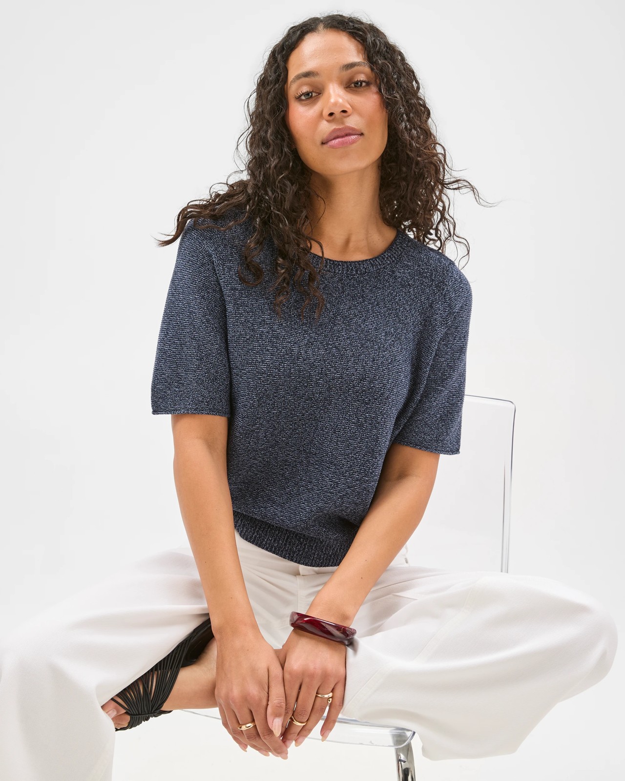 Australian Cotton Blend Relaxed Fit Ottoman Stitch Knitted T-Shirt - Ink Navy 4 of 6
