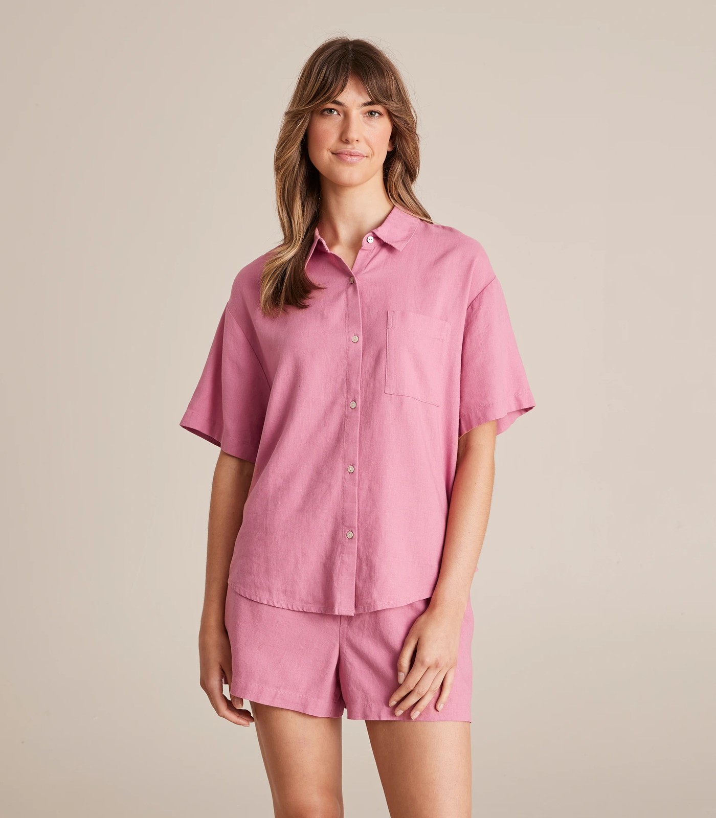 Linen Blend Shorts and Shirt Sleep Pyjama Set