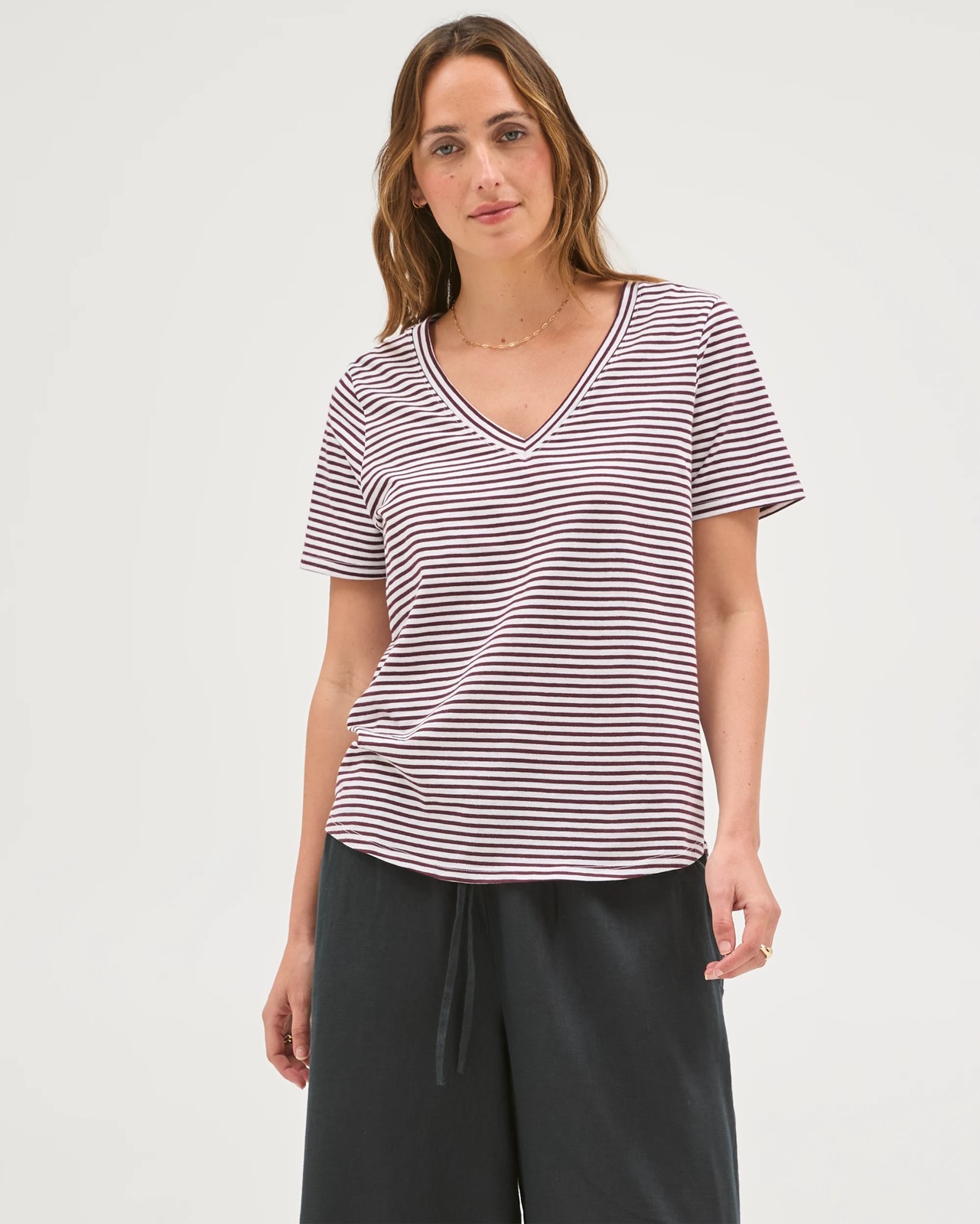 Australian Cotton Slub Relaxed V-Neck T-Shirt - Merlot/White Stripe 4 of 5