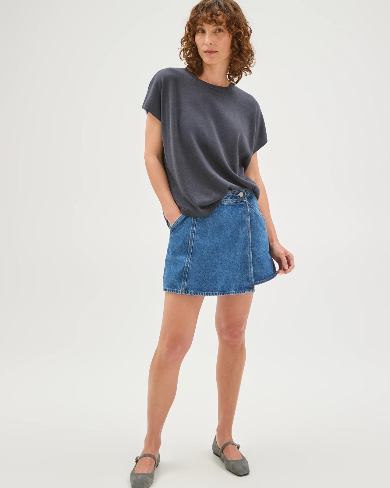 Cotton Rich Wrap Front Denim Skort 4 of 5