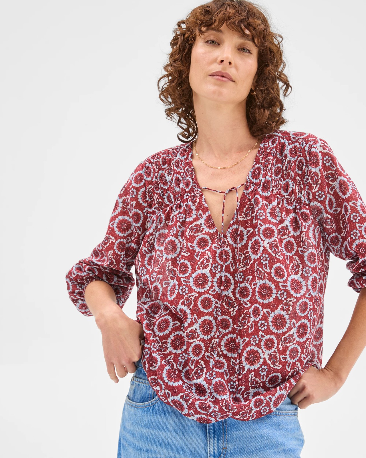 Australian Cotton Long Sleeve Print Gather Detail Blouse - Floral 4 of 5