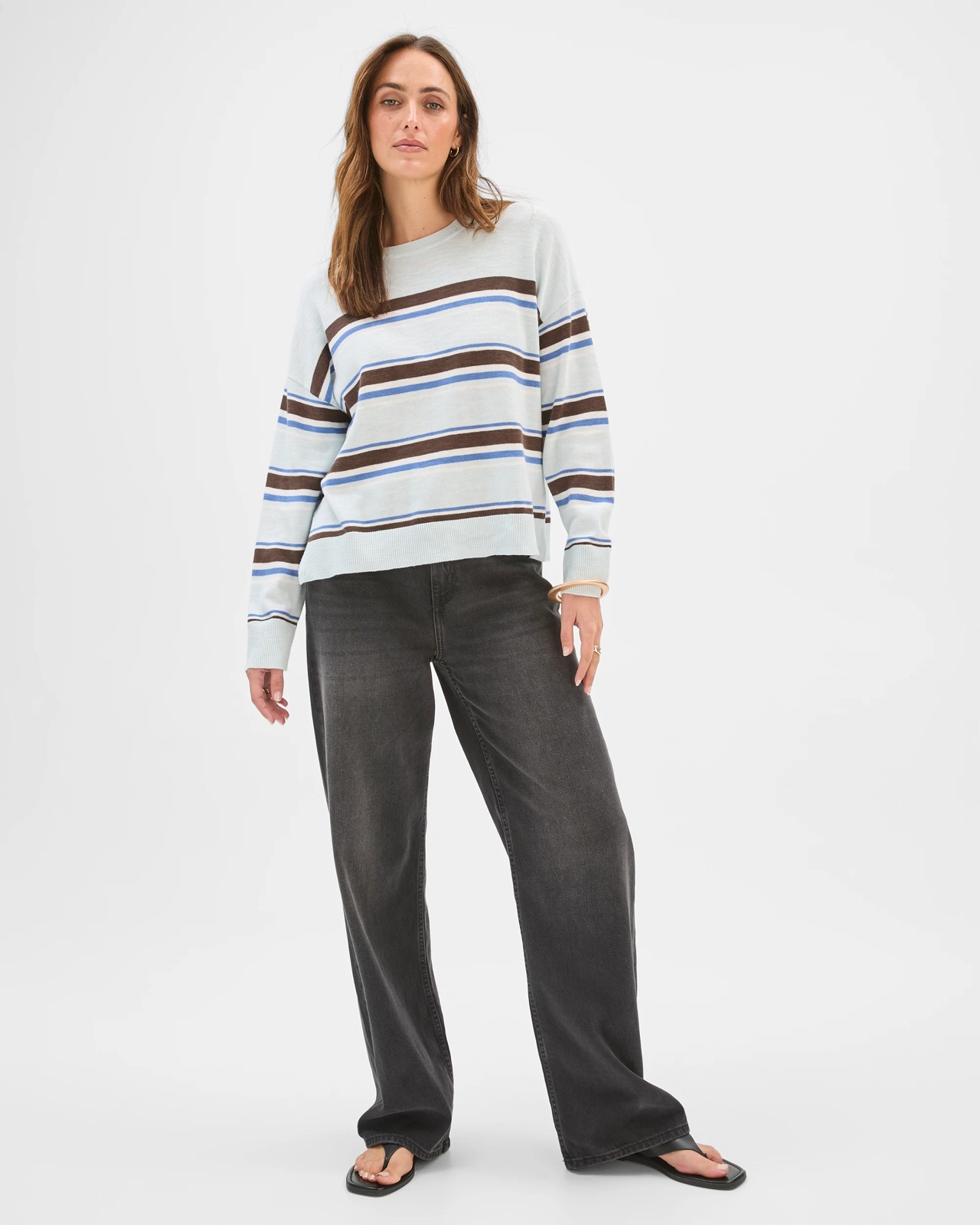 Australian Cotton Blend Long Sleeve Knit Jumper - Coffee Stripe 2 of 5
