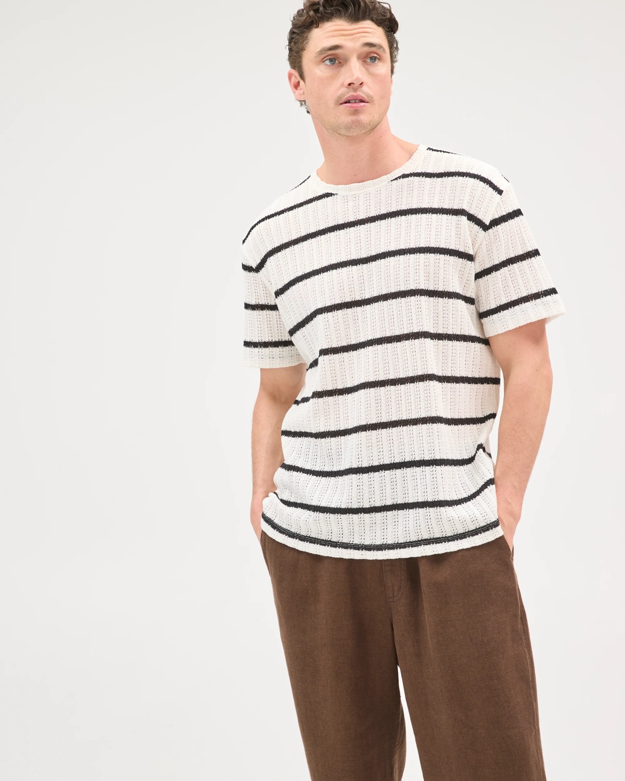 Australian Cotton Blend Pointelle Stripe T-Shirt - Neutral 2 of 6