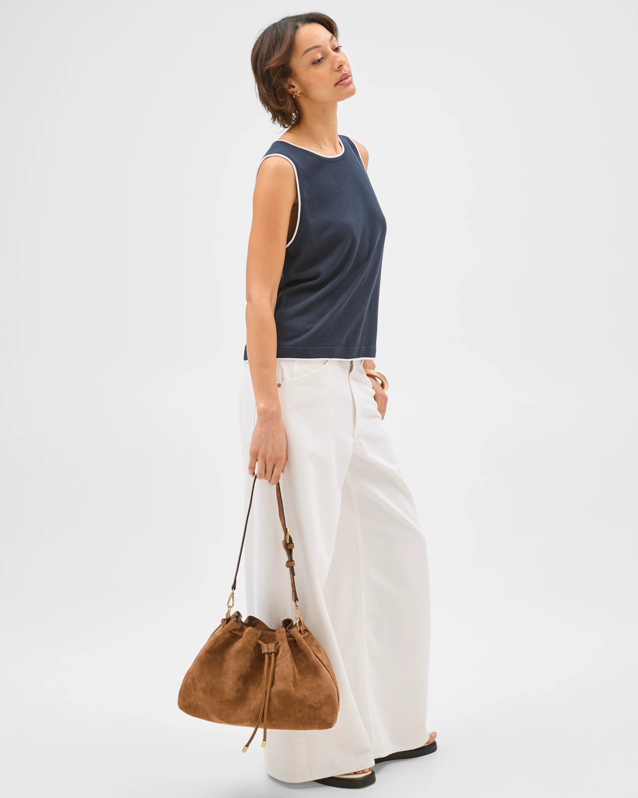 Contrast Trim Knit Tank Top -  Navy + White 2 of 5