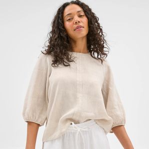 European Linen 3/4 Puff Sleeve Femme Popover Top