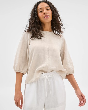 European Linen 3/4 Puff Sleeve Femme Popover Top