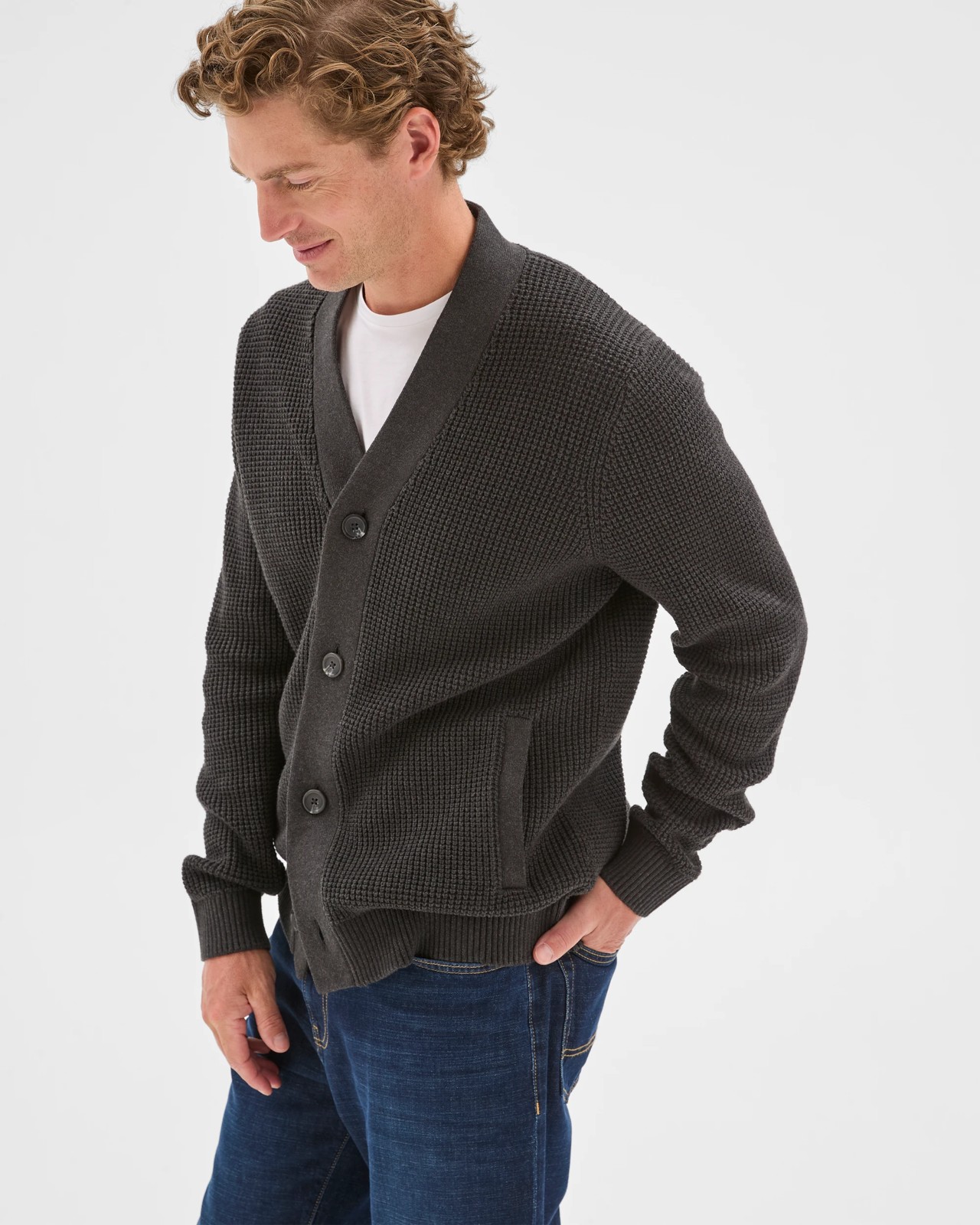 Australian Cotton V-Neck Waffle Knit Cardigan - Black Marle 4 of 5