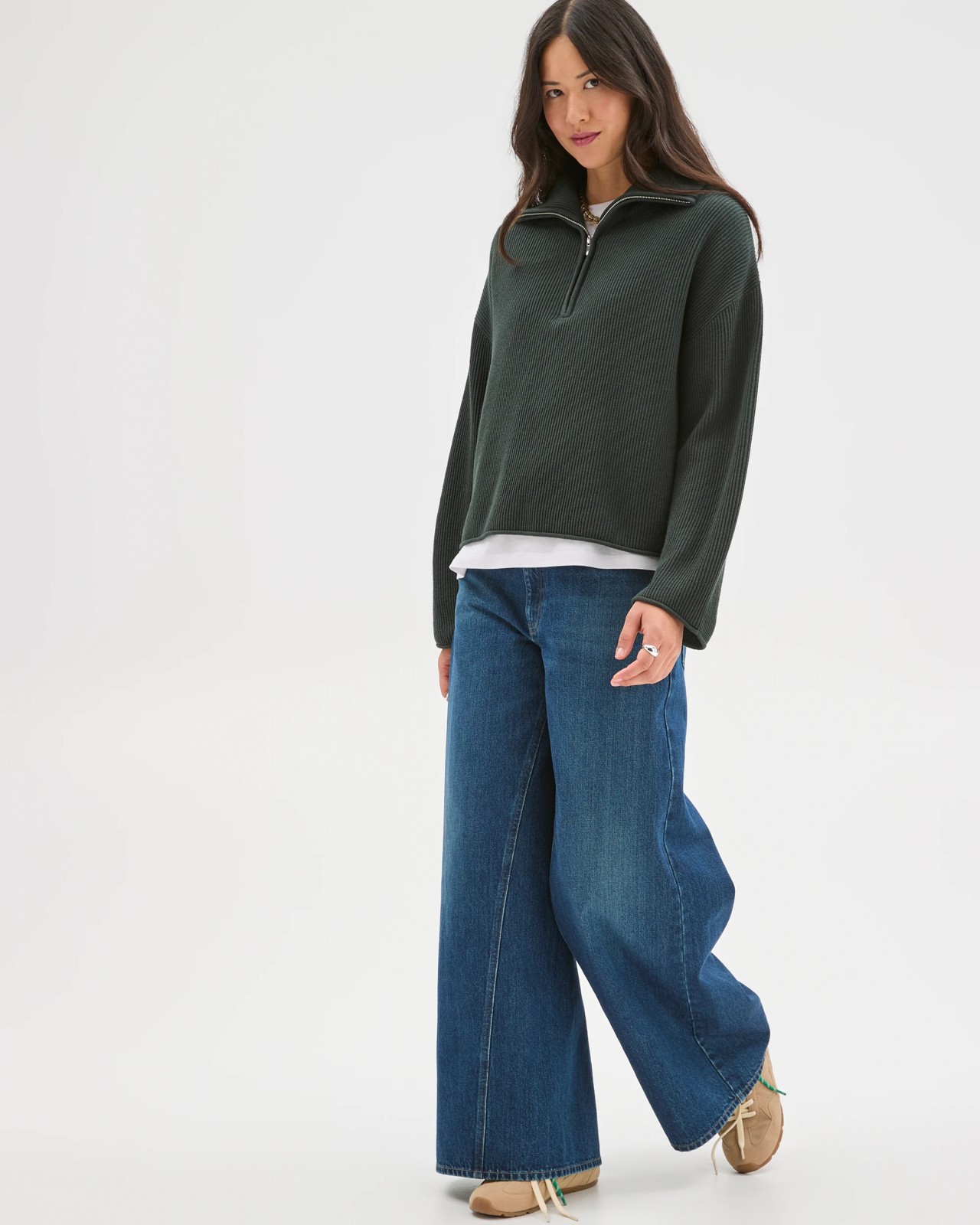 Australian Cotton Blend Zip Collar Sweater - Midnight Jade 3 of 5