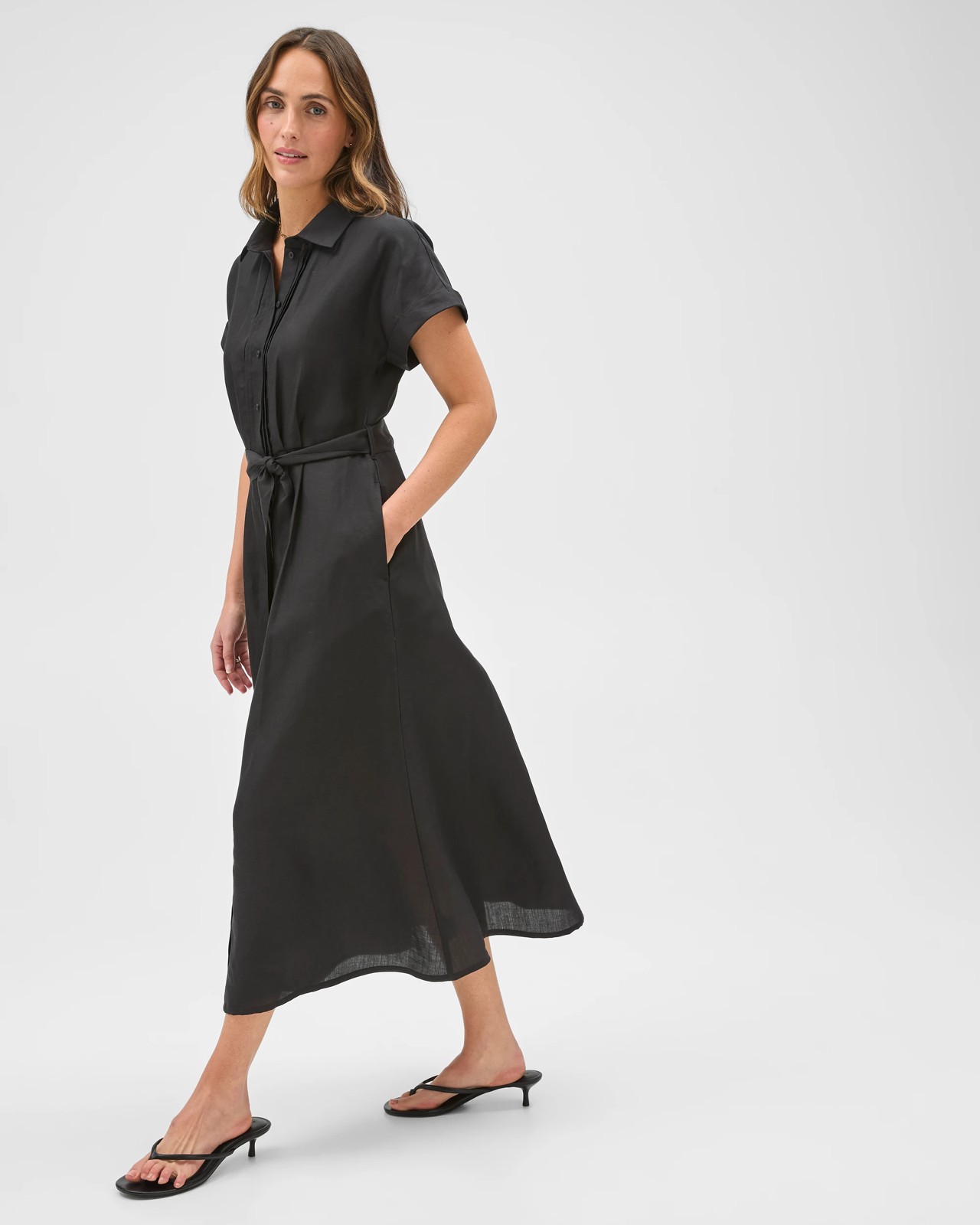 Preview Short Sleeve Pintuck Midi Shirt Dress - Black 3 of 5