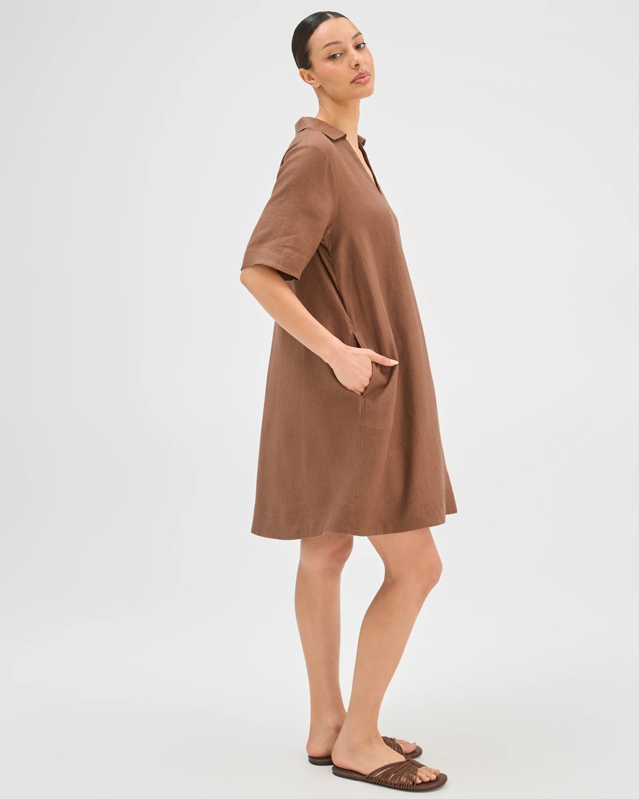 European Linen Short Sleeve Polo Mini Dress - Warm Brown 4 of 5