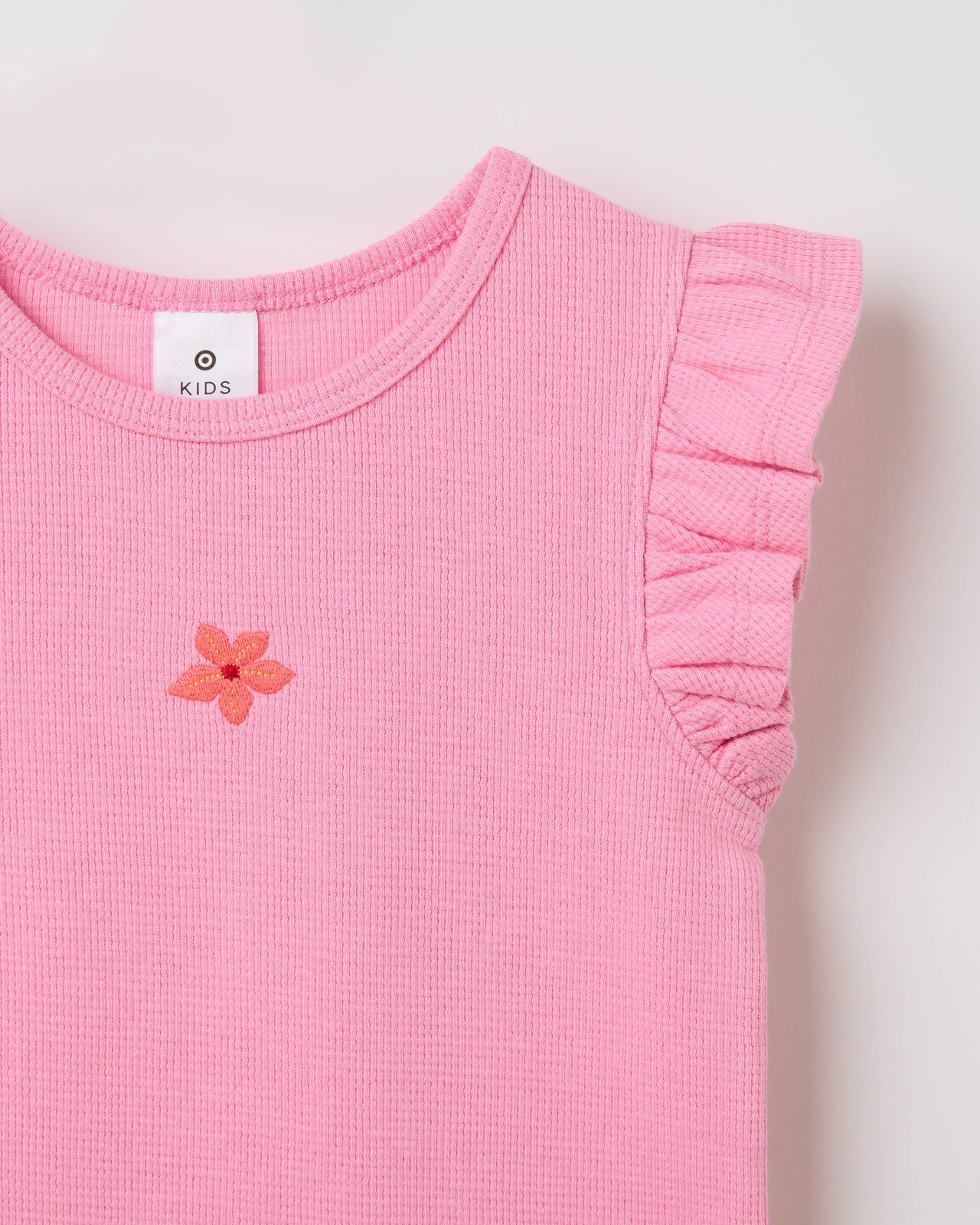 Australian Cotton Ruffle Sleeve Rib Tank Top - Pink Embroidery 6 of 6
