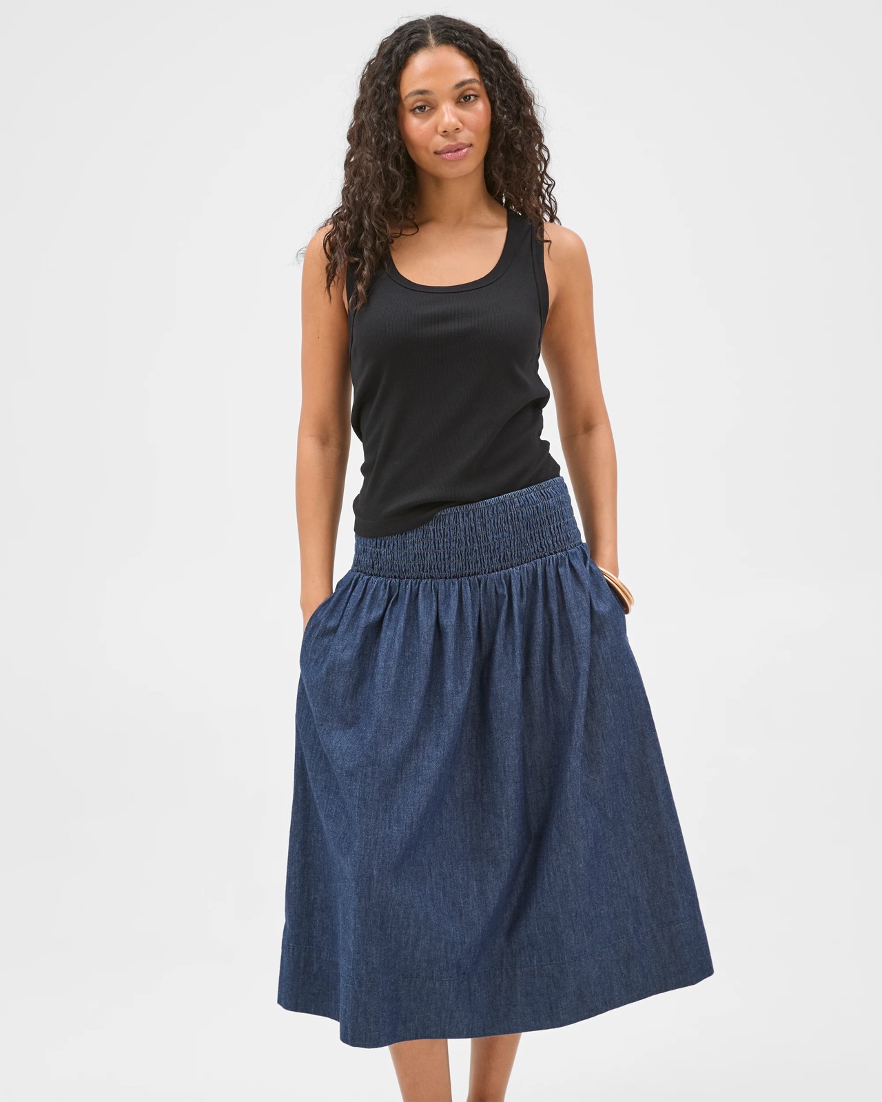 Cotton Shirred Midi Chambray Skirt 2 of 6