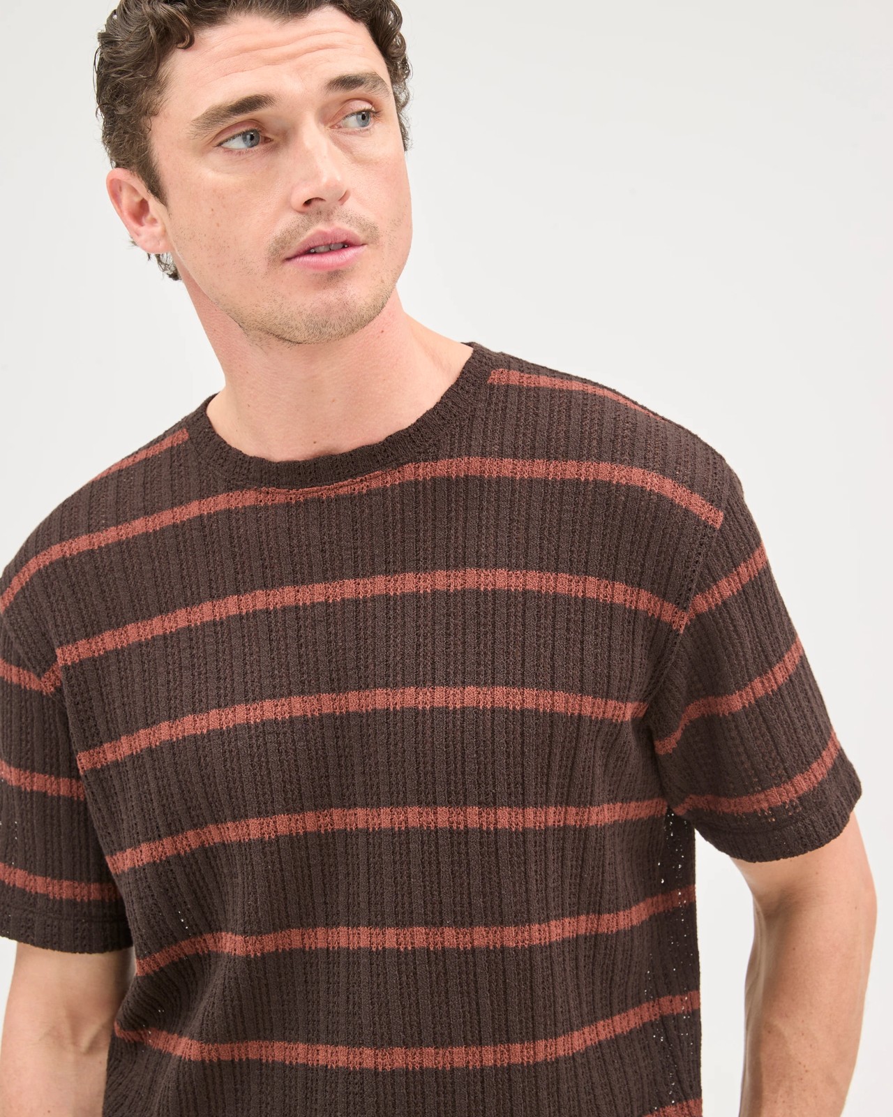 Australian Cotton Blend Pointelle Stripe T-Shirt - Chocolate 3 of 6