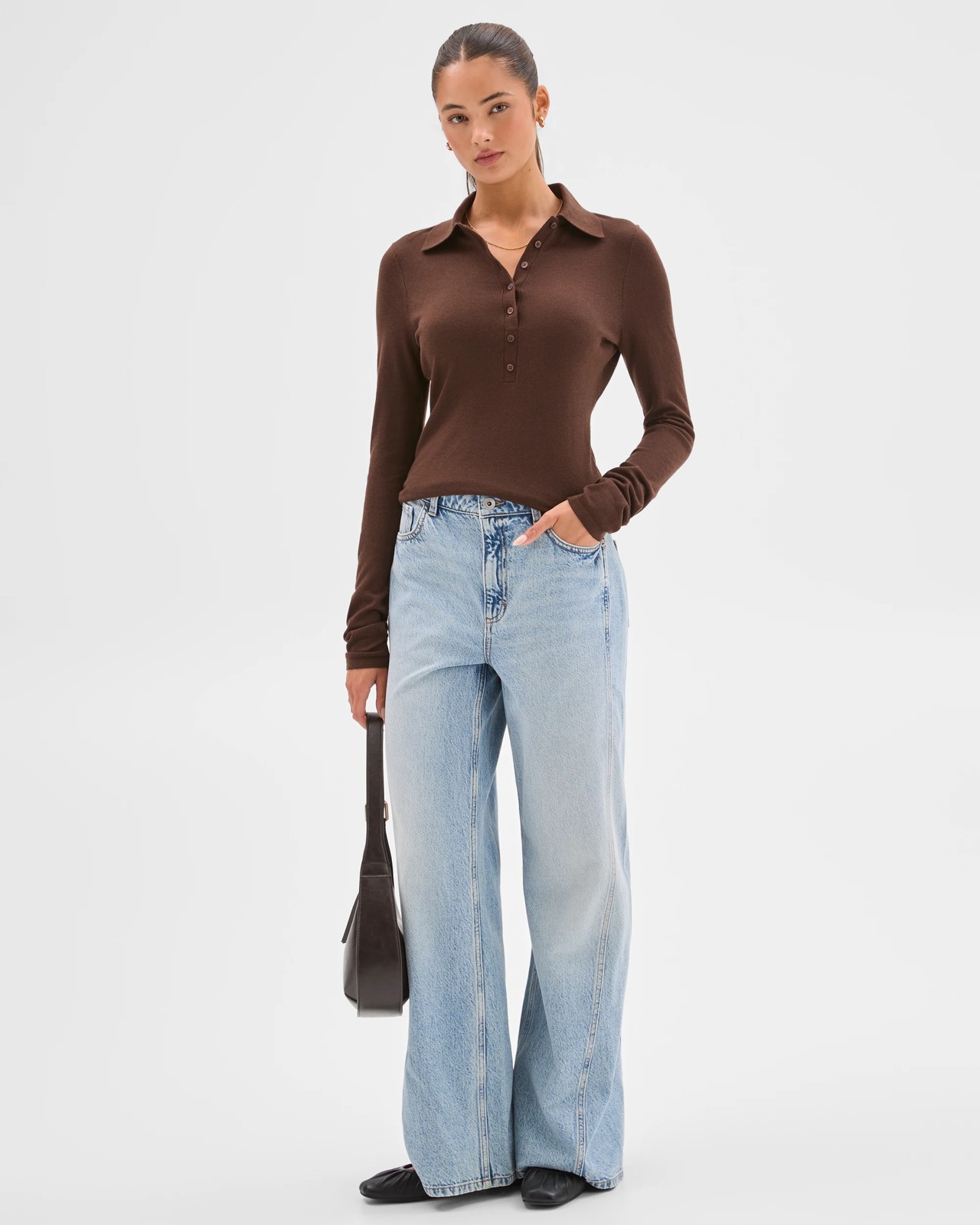 Lily Loves Long Sleeve Knit Polo Top - Coffee Bean 2 of 5