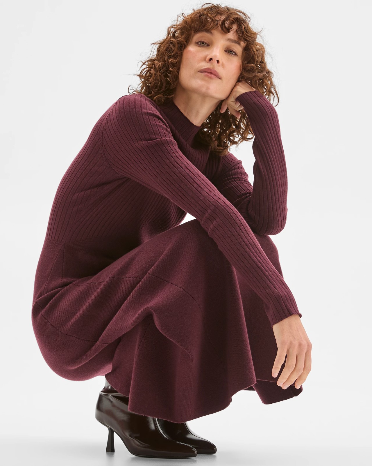 Preview Long Sleeve Rib Detail Knit Dress - Pinot 5 of 5