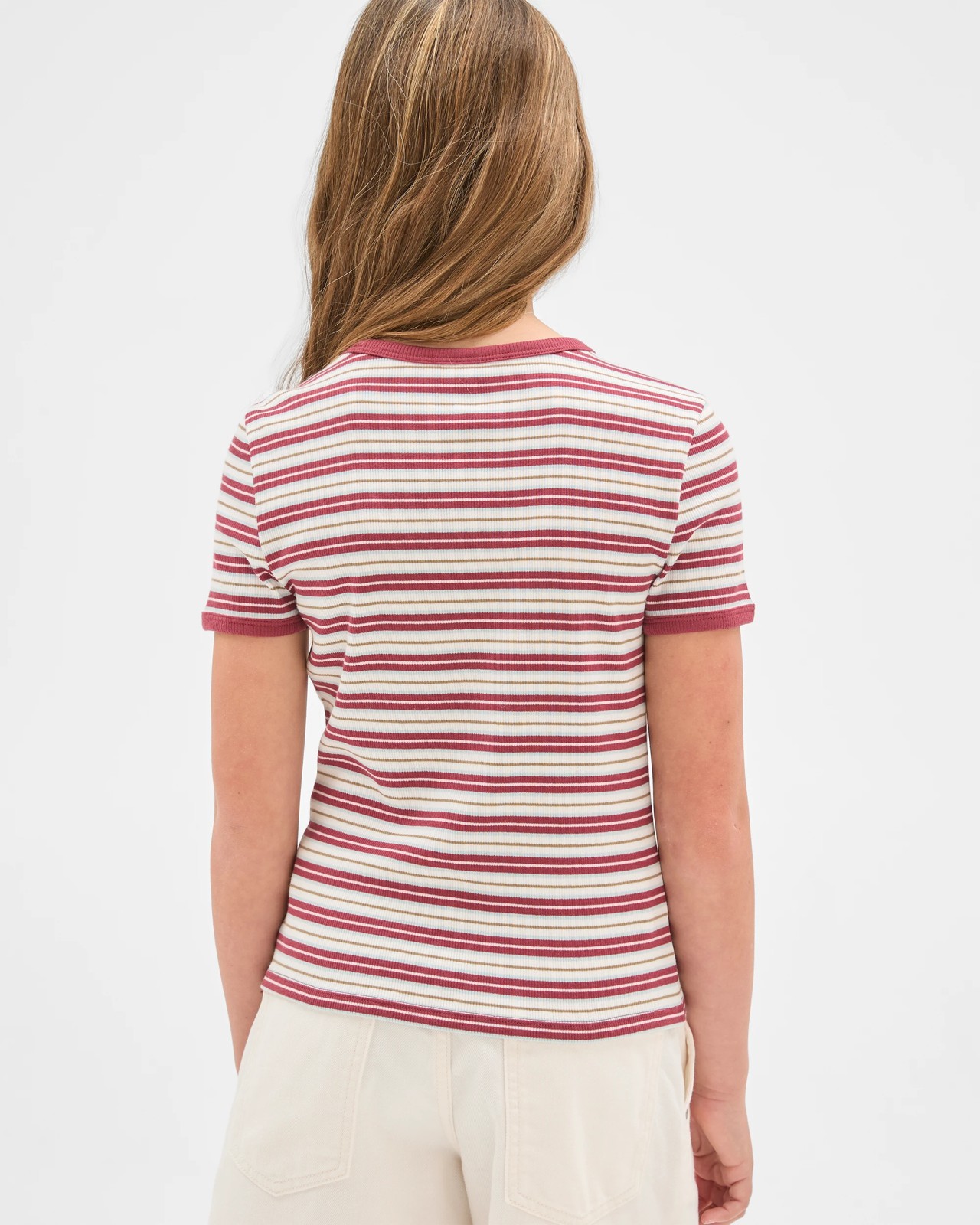 Australian Cotton Ribbed T-Shirt - Stripe Burgundy 5 of 5