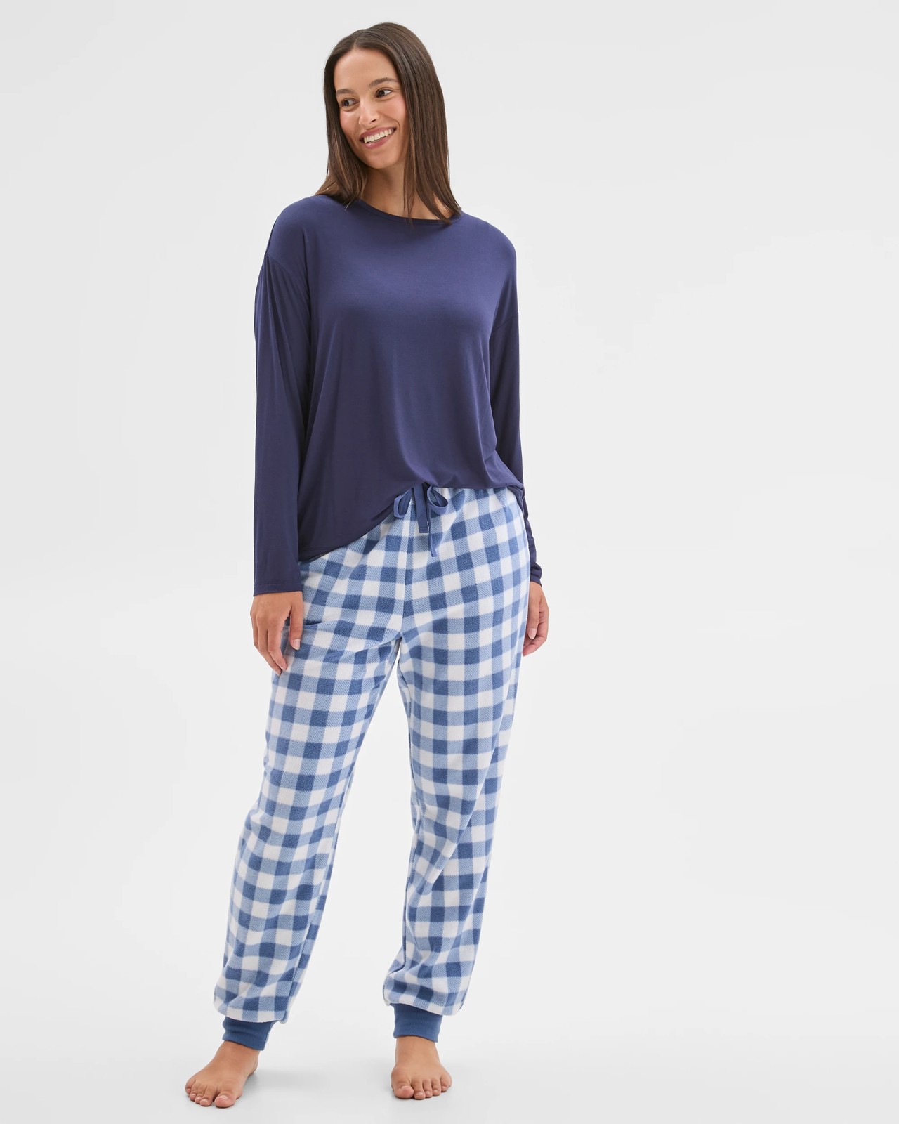 Fleece Sleep Pyjama Jogger Pants - Gingham Blue 3 of 5