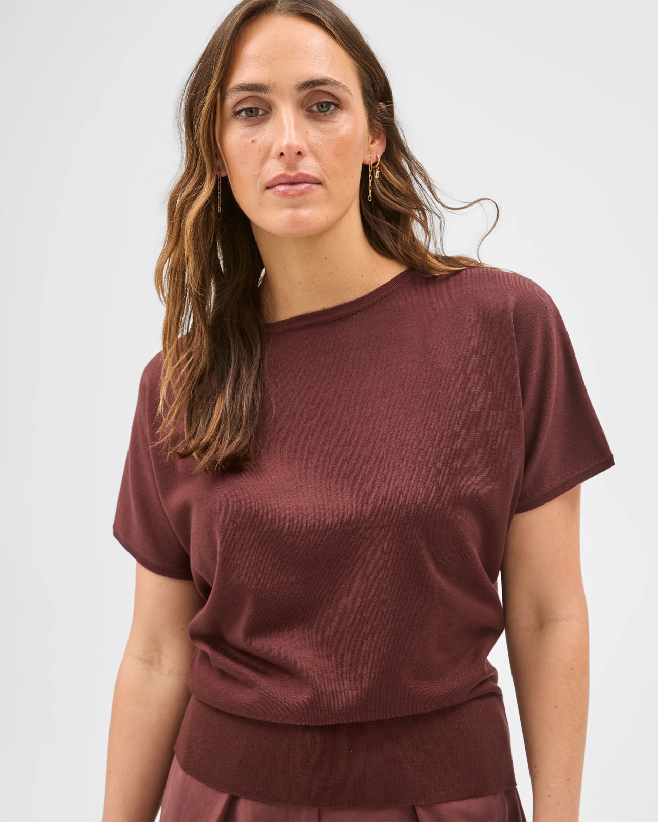 Preview Extended Short Sleeve Knit Top - Dark Chocolate 4 of 6