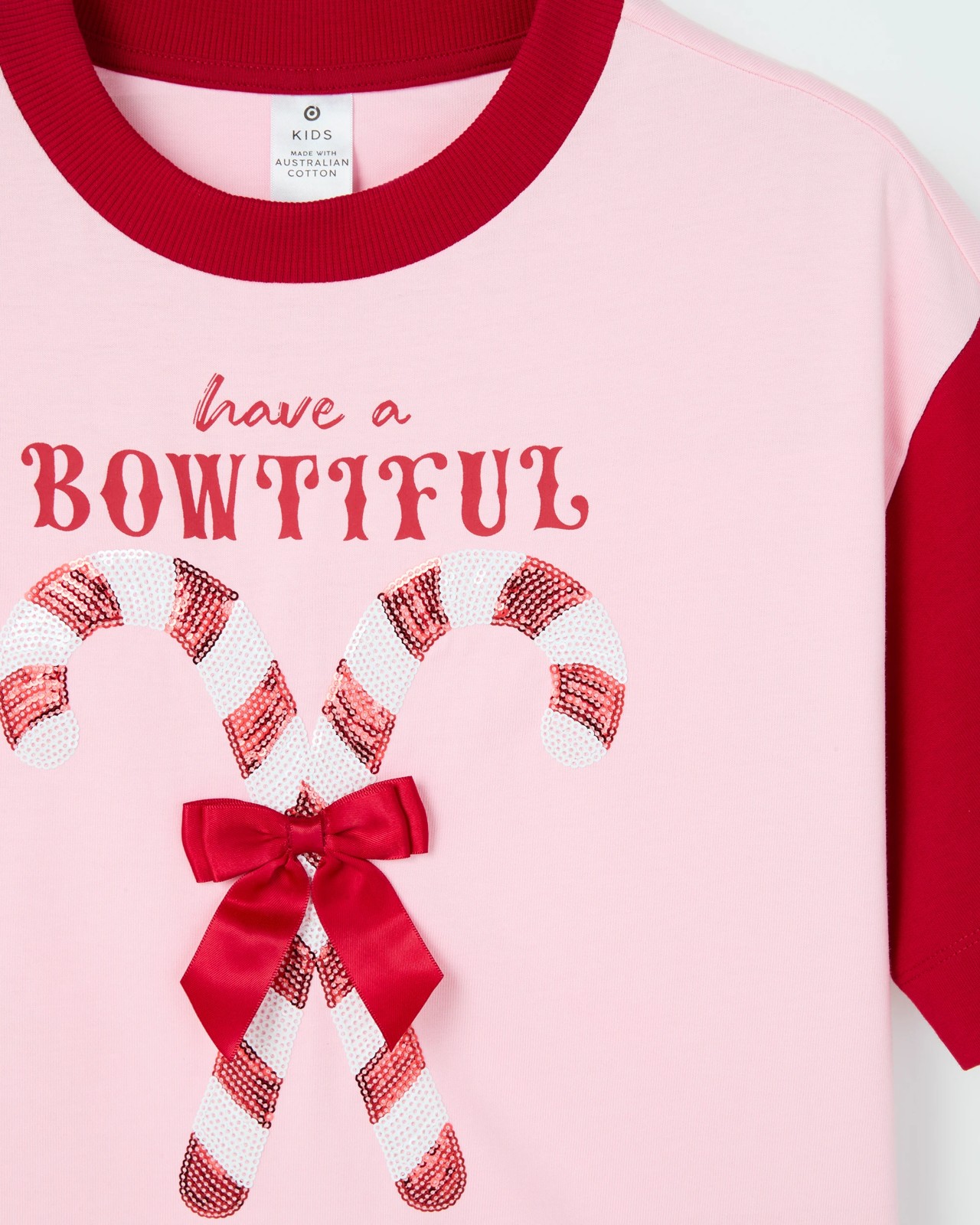 Australian Cotton Heavyweight Boxy Christmas T-Shirt - Xmas Candy Cane Pink 2 of 2