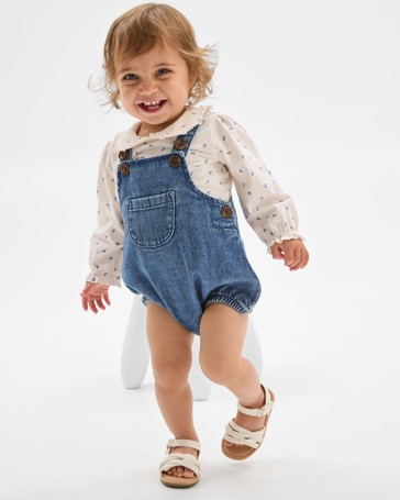 Baby Denim Romper and Frill Collar Blouse Set