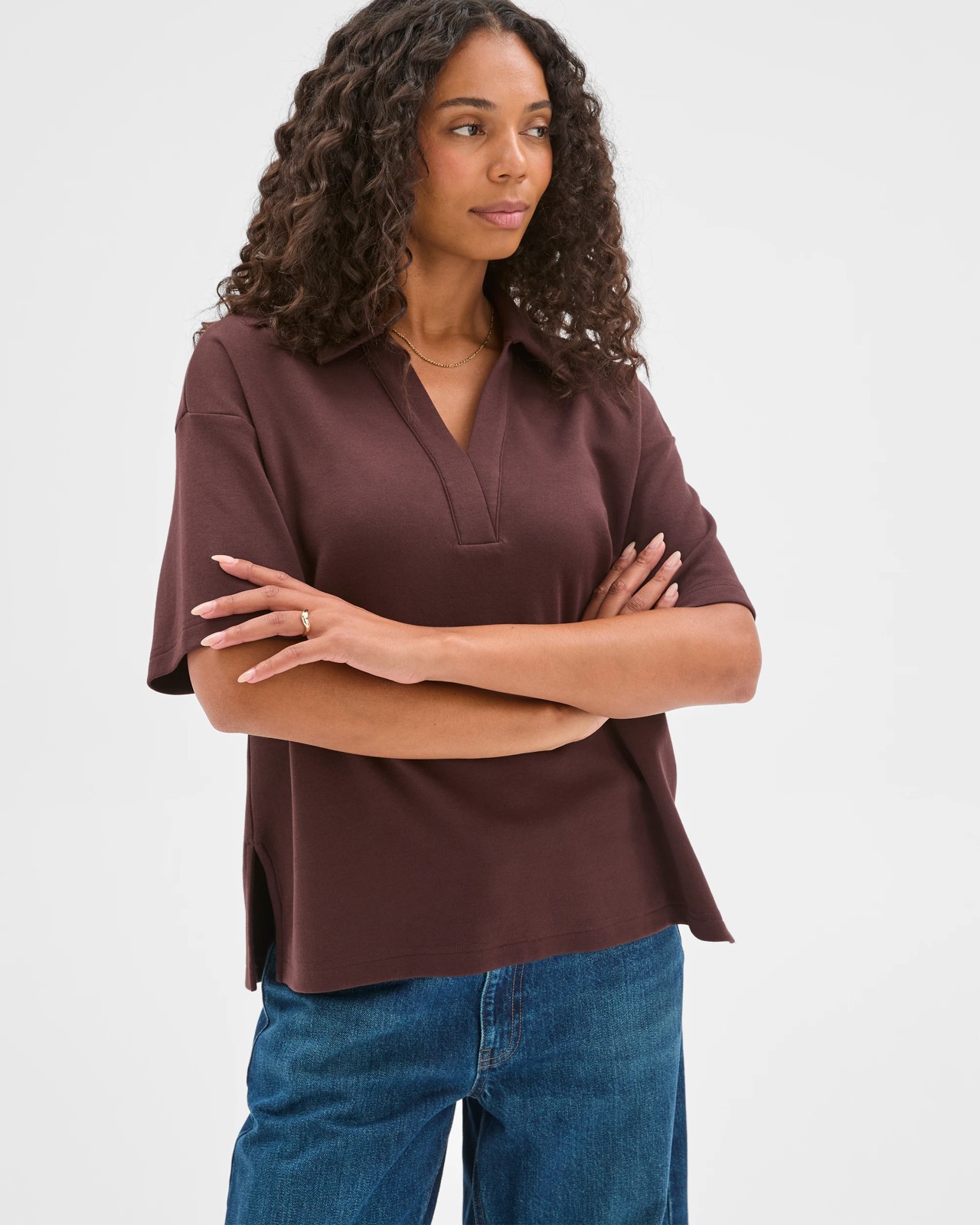 Australian Cotton Blend Interlock Polo Neck T-Shirt - Chocolate Plum 3 of 5