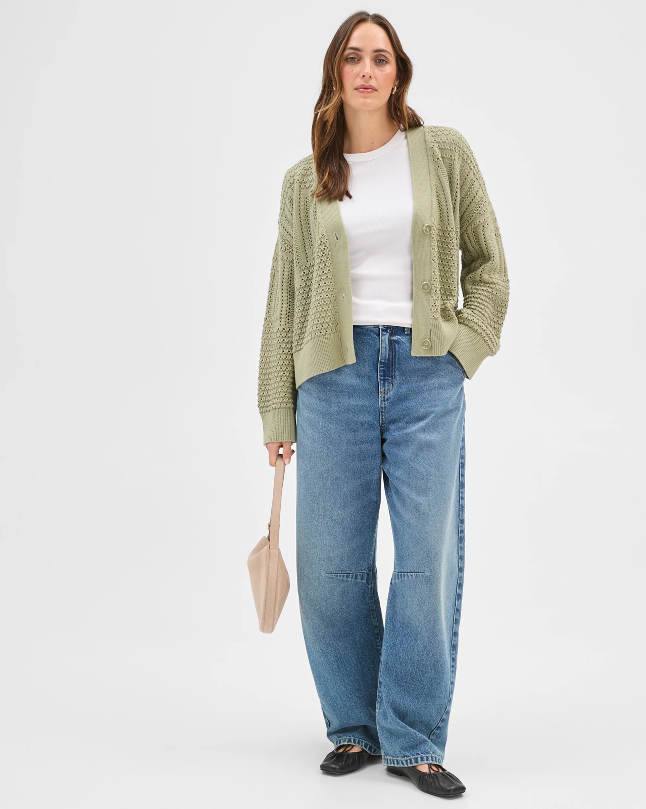 Australian Cotton Crochet Knit Cardigan  - Soft Sage 2 of 5