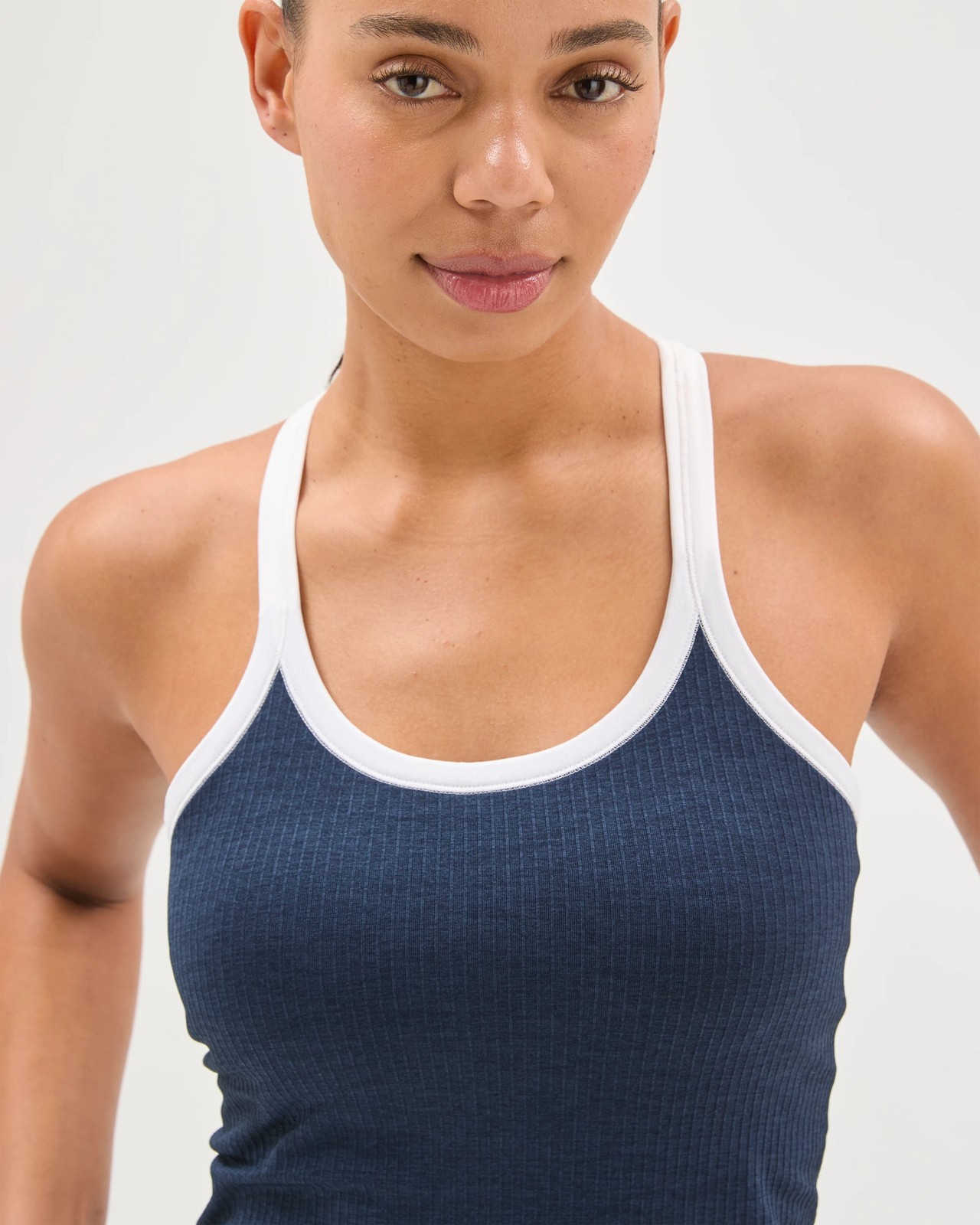 Active Studio Soft Ribbed Tank Top with Shelf Bra -  Navy + White 3 of 5