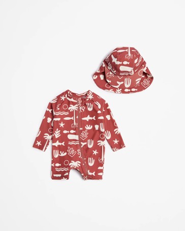 Baby Unitard Swim Set with Hat 2 Piece - Seaside