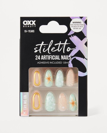 OXX Beauty 24 Pack Artificial Nails with Adhesive, Stiletto Shape - 3D Mermaid